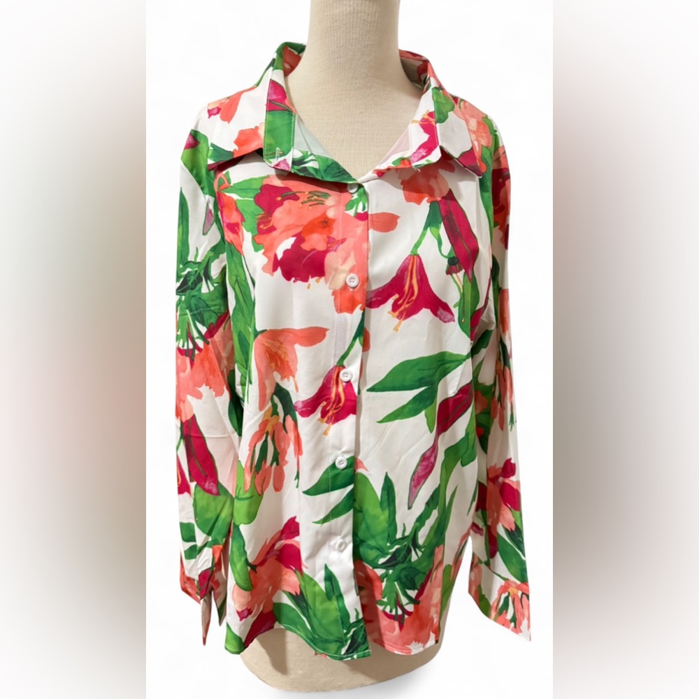 Floral Chiffon Button Up Blouse Women's XXL Long Sleeve Lightweight Sheer Top